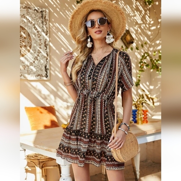SHEIN Dresses & Skirts - Shein Geo and Striped Print A-Line Dress Tribal Boho